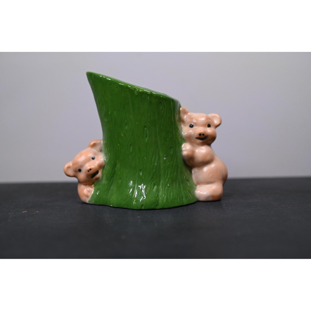 Vintage Ceramic Piggy Planter Pink Pigs Green Tree Stump Succulent Pot